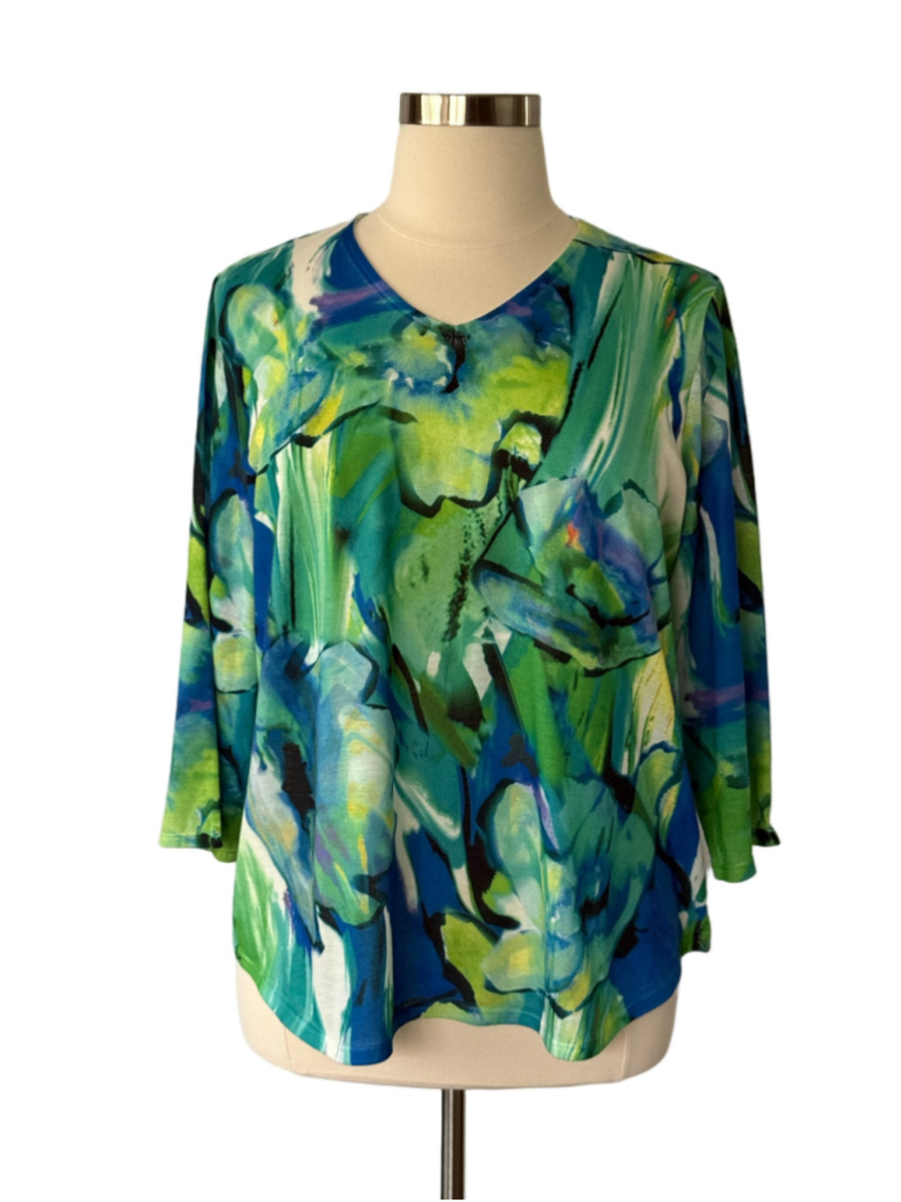 Chico's Zenergy Top Size 18-20 (Chico’s 4)Green Blue Abstract Print 3/4 Sleeve.